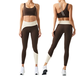 Women's 2 Piece Yoga Set Navy <b>Blue</b> Contrast White Seamless High Waist Leggings Crop Top Racerback Sports <b>Bra</b> Full Length - Product Image 2