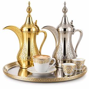 Luxury Gold And Silver Plated Stainless Steel Arabic Coffee <b>Pot</b> <b>Set</b> With Ornate Tray Traditional Dallah Hospitality <b>Set</b> - Product Image 1