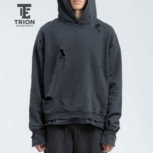 เสื้อฮู้ดดี้ผู้ชายผ้าแห้งเร็วระบายอากาศได้ดี สีพื้น แต่งดีเทลขาดๆ แบบสั่งทำพิเศษสำหรับผู้ชาย - Product Image 5
