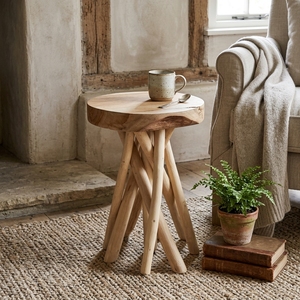 Nouveau tabouret en teck minimaliste moderne, base en branche de teck massif naturel, table d'appoint ronde pour salon et patio - Product Image 4