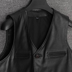 Men's Plus Size Black Leather V-neck Vest With Button Closure Casual Outerwear Autumn Style Solid Color Woven Material - Product Image 4