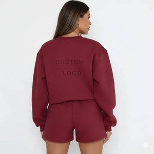 Ensemble sweat-shirt et short d'hiver pour femme, col rond, coupe classique, 100% coton respirant, 2 pièces, style décontracté streetwear - Product Image 2