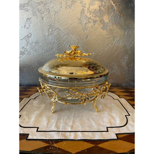 Gold Glass <b>Buffet</b> <b>Server</b> with Ornate Metal Base and Lid Decorative Serving Dish for Tableware Display Food Warmer Chafing Dish - Product Image 1
