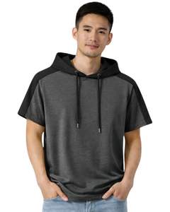 เสื้อยืดแขนสั้นมีฮู้ดสำหรับผู้ชาย เสื้อฮู้ดแบบสวมใส่สบาย ผ้าฝ้ายเนื้อนุ่ม ใส่ได้ในฤดูร้อน สีดำชาร์โคล แฟชั่นสตรีทแวร์ - Product Image 1