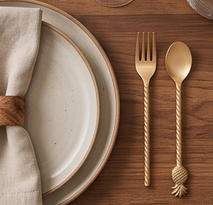 Ensemble cuillère et fourchette plaqué or avec manche en corde et pointe ananas, design moderne, vaisselle de mariage, couverts créatifs - Product Image 1