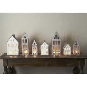 Vintage White Metal House Candle Holder <b>Set</b> Rustic Galvanized Iron <b>Lantern</b> Christmas Village Tabletop Home Decor Centerpiece - Product Image 1