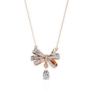 10K 14K 18K Rose Gold Bow Tie Ribbon Pendant <b>Necklace</b> Featuring a Fully Iced Out Pave Design and Pear Cut Lab Grown Diamond - Product Image 1