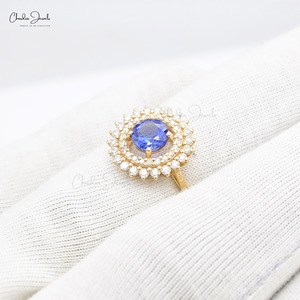 Anillo Halo con Tanzanita de Corte Redondo de 6mm y Diamantes Blancos, en Oro Amarillo Fino de 14k, Estilo Art Deco, Proveedores Verificados, Venta al Por Mayor en India - Product Image 5