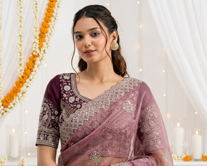 Elegant <b>Purple</b> Silk <b>Saree</b> With Embroidered Border For Women Wedding Traditional Indian Pakistani Wear - Product Image 5