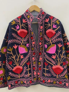 Velvet Suzani Bomber <b>Jacket</b> Hand Embroidered Boho Vintage Short Coat Free Size Ethnic Wear Traditional Embroidery <b>Reversible</b> - Product Image 4