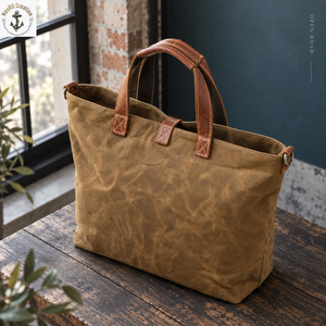 Natural Oil <b>Waxed</b> <b>Canvas</b> Shopping Tote with Dual Carry Handles | Tan Brown Daily Carry <b>Bag</b> with Metal Side Hardware for Travels - Product Image 4