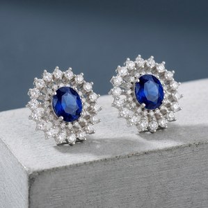 S925 Sterling Silver <b>Blue</b> Sapphire <b>Stud</b> <b>Earrings</b> Halo Oval Ear <b>Studs</b> for Women Wedding Party Jewelry - Product Image 2