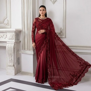 Sari en soie bleu marine élégant avec bordure brodée pour les occasions de mariage, sari indien et pakistanais pour femmes, longueur au sol - Product Image 6