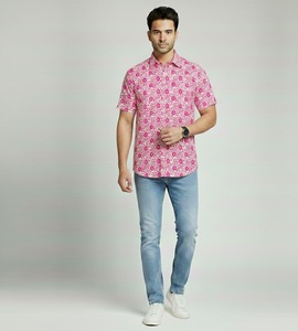 Chemise décontractée pour homme en tissu 100% coton, imprimé floral rose, style artisanal, respirante, disponible en prix de gros - Product Image 2