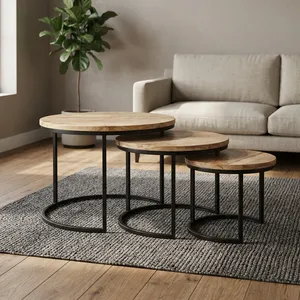 Modern <b>Round</b> <b>Nesting</b> <b>Coffee</b> <b>Tables</b> Wood Top Metal Frame Minimalist Design Living Room Furniture - Product Image 4