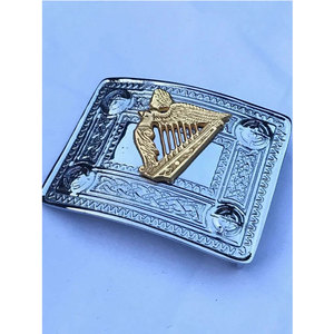 Hebilla de cinturón premium para kilt escocés, diseño celta plateado con insignia de arpa irlandesa dorada, suministros de fábrica - Product Image 2