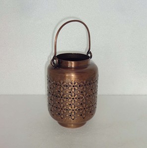 <b>Red</b> Metal Candle Lantern Cylindrical Globe Shape Perforated Floral Cutout Pattern Yellow Wire Arch Swing Handle Two <b>Tone</b> - Product Image 3