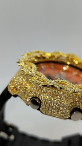 Laysware Iced VVS Moissanite <b>Watch</b> Golden Thorn Bezel Orange Dial <b>Black</b> Rubber Strap 20BAR Water Resistance Hip Hop - Product Image 6