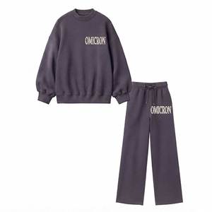 Ensemble décontracté 2 pièces tricoté violet foncé, col rond, manches longues, sweat-shirt et pantalon rayé en polyester/coton pour le printemps - Product Image 1