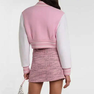 Pink Varsity <b>Jacket</b> With <b>White</b> Sleeves Mandarin Collar Button Front Short Length Preppy Style Regular Fit Unisex Spring Wear - Product Image 3