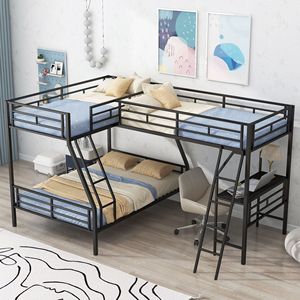 Black Metal Twin Over Full Bunk <b>Bed</b> with Attached Twin Loft and Desk for Kids' <b>Space</b> <b>Saving</b> Solution - Product Image 1