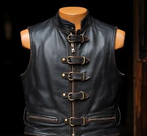 Veste en cuir noir à boucle, col montant, fermeture éclair, vêtement d'extérieur - Product Image 1