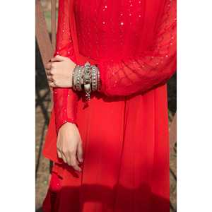 Ensemble Anarkali en Chiffon Rouge Royal à Manches Longues avec Ornements en Paillettes Taille XS - Product Image 2