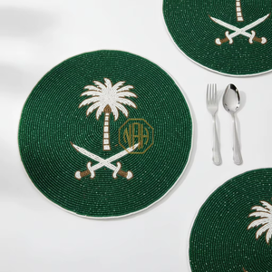 Handmade Beaded Saudi National Day <b>Placemat</b> Green Palm Tree Crossed Swords Dining Table Mat <b>Round</b> Glass Bead Tableware Linens - Product Image 1