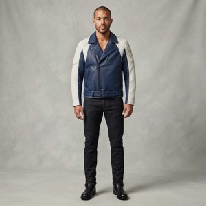 Blouson moto en cuir pour homme, bleu et blanc, col rabattu, fermeture éclair, ceinture, coupe ajustée, pour l'automne et l'hiver - Product Image 2