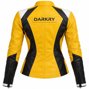 Blouson en cuir jaune pour femme, coupe slim, style motard, avec empiècements noirs sur les côtés, col à boutons-pression, poignets zippés, veste de course personnalisée Darkry - Product Image 2