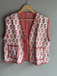 Floral <b>Quilted</b> Cotton Vest Reversible Striped <b>Pattern</b> Short Sleeve <b>Jacket</b> for Women Spring GIFT FOR HER - Product Image 1