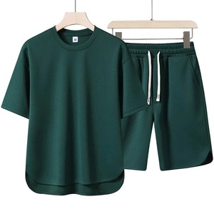 Ensemble T-shirt et short décontracté d'été pour homme en coton blanc, col rond, manches courtes, respirant, tricoté - Product Image 5