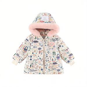 Manteau d'hiver matelassé épais pour filles, brodé de fleurs, avec logo sur le devant, capuche à bordure en fourrure, multicolore, rembourrage 100% coton, taille XS - Product Image 3