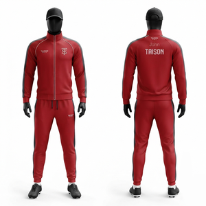 Tenue de football TAISON SPORTS 300 GSM en polyester/nylon imperméable, coupe-vent, séchage rapide, respirante, rouge/gris avec empiècements latéraux personnalisés - Product Image 1