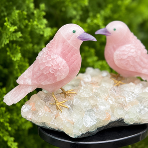 Sculpture d'oiseaux en quartz rose sculptée à la main, apophyllite, stélbite, base en onyx, sculpture en cristal - Product Image 4
