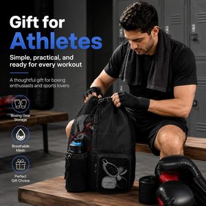 Black Mesh Drawstring <b>Backpack</b> with Water Bottle Pocket and Boxing Gloves Storage for Gym <b>Training</b> - Product Image 3