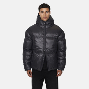 Chaqueta de Plumón con Capucha para Hombre, Negra, Cortavientos, Informal, de Invierno, Corte Regular, Cierre de Cremallera, Color Sólido, Gruesa y Aislada - Product Image 1