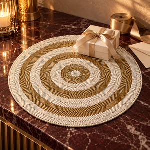 Spiral Glass Beaded Placemat Ivory Gold <b>Round</b> <b>Table</b> <b>Mat</b> Handmade Dining Decor Curved Bead Pattern | Dual Tone Design <b>Table</b> Decor - Product Image 4