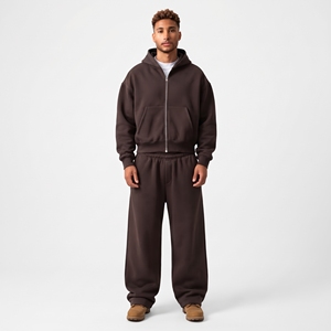 <b>Men</b>’s <b>Brown</b> Oversized Zip Up <b>Hoodie</b> & Wide Leg Sweatpants Set Heavyweight Fleece Streetwear Tracksuit - Product Image 1