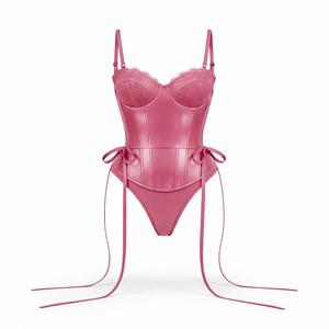 Women's Pink Underwire Corset Bodysuit With Lace Trim <b>Adjustable</b> <b>Straps</b> Side Tie Closure G-String Panty Set - Product Image 1