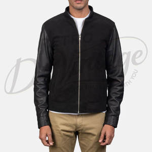 Blouson aviateur en cuir véritable noir pour homme avec poignets côtelés rayés et fermeture éclair - Product Image 4