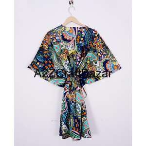 Kaftán Corto Hecho a Mano en India con Estampado Floral, Ecológico, Lavable, Ropa de Dormir Natural, Kimono, Vestido, Cubrebaño Corto para la Playa - Product Image 5