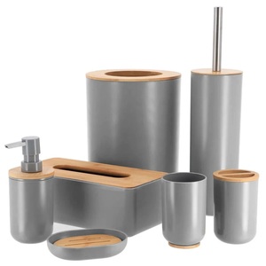 Ensemble de salle de bain nordique rétro en bois de bambou et métal : porte-brosse à dents, distributeur de savon, boîte à mouchoirs, poubelle - Product Image 1