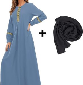 Women Blue Solid Color Cotton Breathable Abaya Long Sleeve Neck Floor Length Modest Dress Embroidery Details Plus Black Scarf - Product Image 6