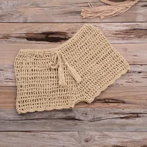 Crocheted Women's Bohemian Shorts Solid Color Knitted Drawstring Waist Breathable Summer Wear Mid Waist Regular Fit - Product Image 4
