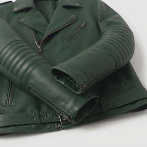 Chaqueta de Motociclista de Cuero Verde para Hombre, Corte Ajustado, Cuello Camisero, Cierre de Cremallera, Manga Larga, Estilo Otoño-Invierno - Product Image 4