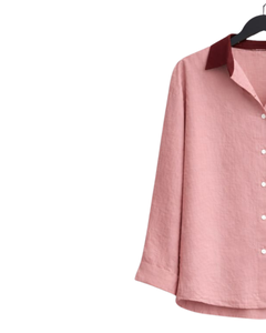 Conjunto de dos piezas para mujer, camisa rosa y pantalones anchos color borgoña, conjunto informal de algodón y lino, ropa de verano con bolsillo bordado - Product Image 3