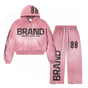 Men's <b>Pink</b> Hooded <b>Tracksuit</b> Full Zip Sweatshirt And Pants Set Winter Casual Wear With Brand Print And Side Pockets Flared Pant - Product Image 4