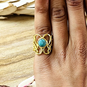 Hot Selling Boho <b>Turquoise</b> <b>Ring</b> Tribal Brass Band Women 18k Gold Plated Vintage Filigree Heart Statement for Wholesale/OEM/ODM - Product Image 5