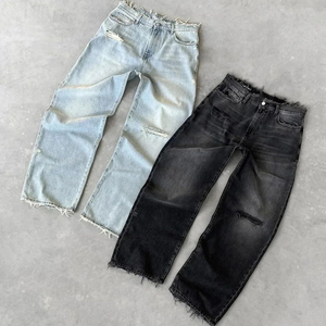 Jeans de mezclilla de cintura media, pierna ancha, desgastados y rotos, de algodón, corte holgado, para hombre, informales, para verano y otoño, ecológicos, en negro y azul claro. - Product Image 1